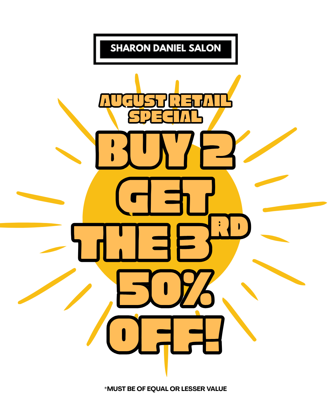 Sharon Daniel Salon May retail promotion graphic with pink checkered background and flowers, advertising “Buy More Save More” deals: 2 items = 10% off, 3 = 15% off, and 4 or more = 20% off.