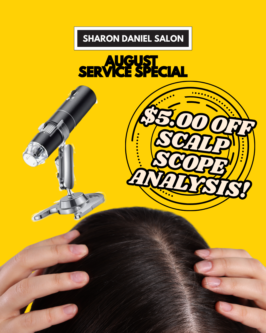 Sharon Daniel Salon promotion featuring a woman with long blonde hair holding her ends, advertising $5 off all bonder and conditioning treatments with floral accents and bold text overlay.